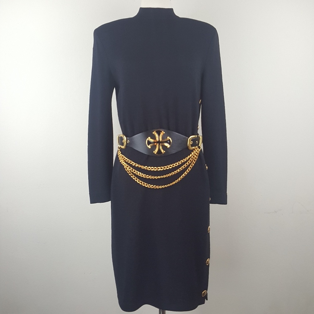 St. John Black Dress with Gold Chain Belt sz 4